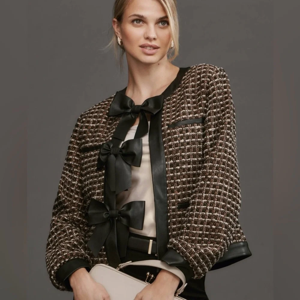 Anthropologie Tweed Vegan Leather Trimmed Jacket with bows (L) - Picture 1 of 6